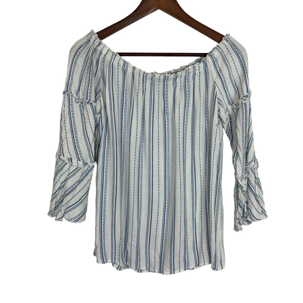 DREW Blue White Off The Shoulder Blouse Women's Medium